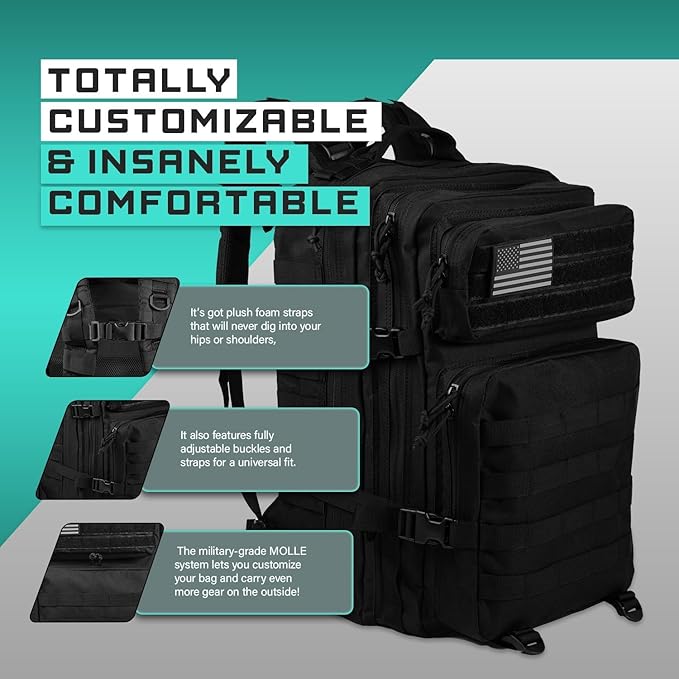 MODERN NEEDS 40L Tactical Backpack | Heavy Duty Military Backpack for Men | Molle Tactical Bag with 7 Compartments | Assault Pack Daypack | Outdoor Camping, Hiking, Survival, Gym, Travel – Black