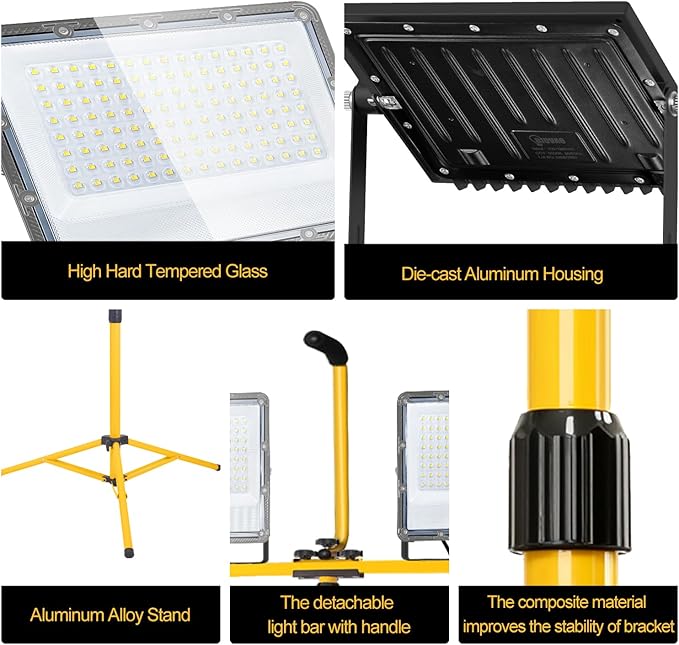 30000 Lumen LED Work Light with Stand, 2-Head Adjustable Work Lights with 16.5FT Extended Cord, IP65 Waterproof Work Lamp for Indoor & Outdoor Job Sites, Workshops, Construction, Garage Lighting