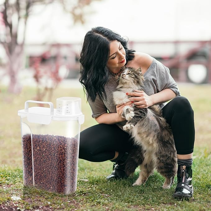 5Lbs Airtight Dog Cat Storage Container Portable with Upgraded Large Spout and Cup, Plastic Pet Food Dispenser for Small Animal Kibble, Bird Seed, Oatmeal, Rice, Flour, Brown Sugart-2 Pack White