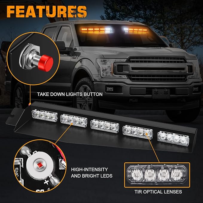 XRIDONSEN 34 inch Emergency Visor Lights Bar 40 LED Amber Strobe Lights Interior Front Windshield Warning Flashing Hazard Safety Light w/White Take Down for Snow plow Tow Trucks Construction Vehicles