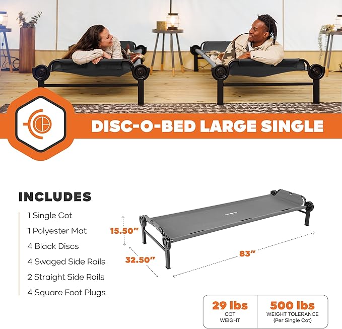 Disc-O-Bed Large Outdoor Modular 1 Person Single Camping Cot Portable Bed for Adults, Sleep Solution for Tents, Grey