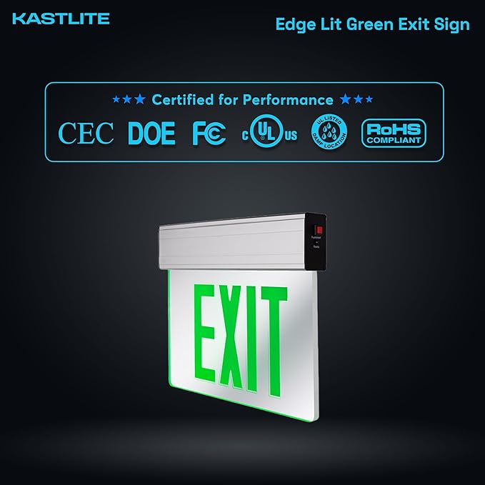 KastLite LED Emergency Edge-Lit Exit Sign, 180 Min Backup, Damp Rated, Green Letters, UL Listed, 120/277V, Acrylic Panel - 2 Pack