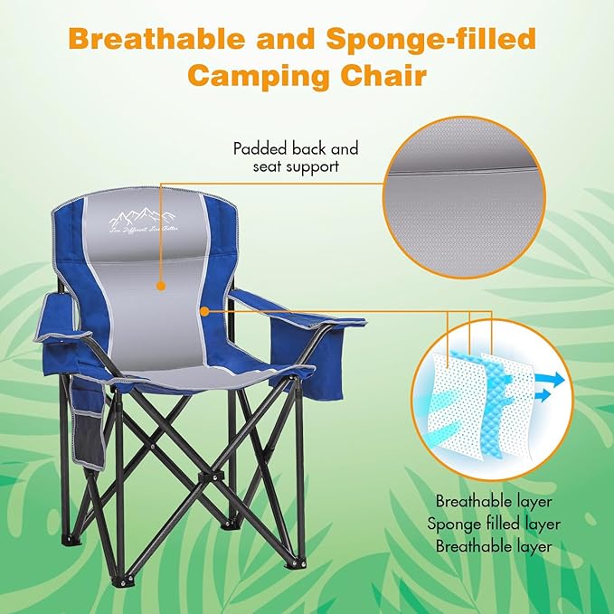 2PCS Folding Camping Chair Portable Outdoor Heavy Duty Padded Chairs Lawn Chair with Cup Holder, Storage Pocket and Cooler Bag, Supports 450LBS Blue