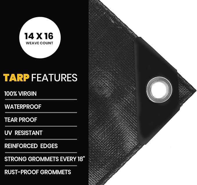 PROTARP Extra Heavy Duty 16 Mil Tarp Cover, Waterproof, UV Resistant, Rip and Tear Proof, Poly Tarpaulin with Reinforced Edges for Roof, Camping, Patio, Pool, Boat. (Black 20′ X 20′)