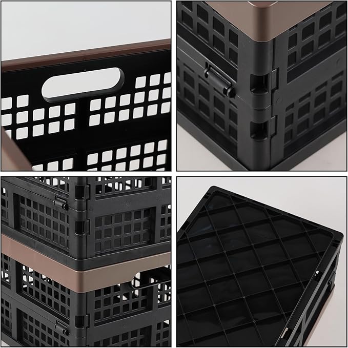 Set of 3 Plastic Collapsible Storage Crate, 15 L Stackable Folding Storage Crates with Handles, Foldable Shelf Storage Baskets