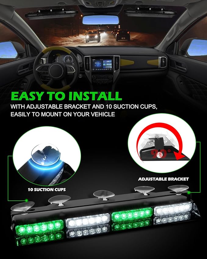 HLauto 604N Emergency Dash Strobe Lights: 2x16.8 inch Green White Security Light with/Take Down, 48 LED Safety Flashing Warning Hazard Interior Windshield Light Bar for Trucks Vehicles