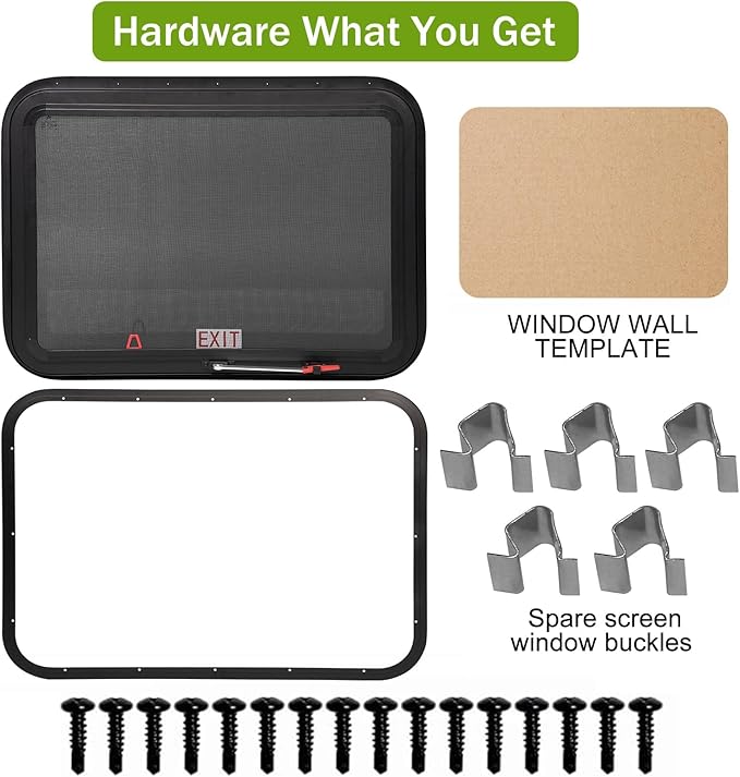36"x22" RV Emergency Exit Window - DOT-Certified Tempered Glass, Security Lock, Waterproof Aluminum Frame w/Mesh Screen (Fits 1"-1.77" Walls, Complete Kit)