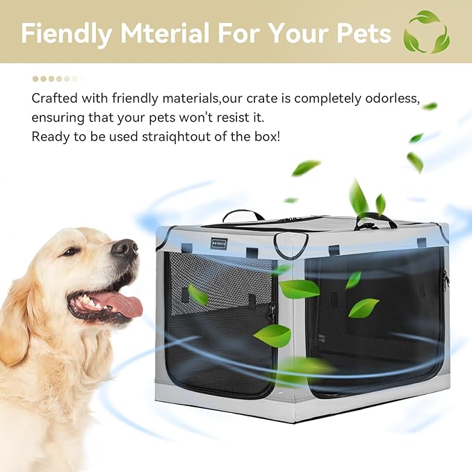PETSFIT PETSFIT 36" Soft Foldable Dog Crate – Patented Adjustable Sturdy Frame, Collapsible Portable Travel Kennel for Medium & Large Dogs, 3 Lockable Mesh Door, Thicken Mat, Indoor & Car, Light Grey