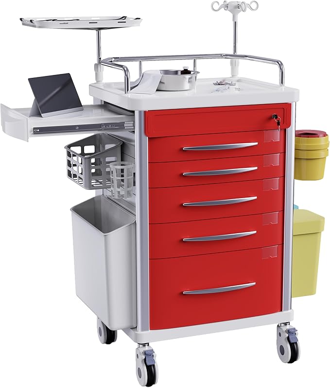Medical Emergency Rolling Crash Cart with Drawers - Adjustable IV Pole, Silent Casters, Needle Disposal Holder, Trash Bin, O2 Holder, Nursing Trolley Cart for Clinic, Hospital, Salon