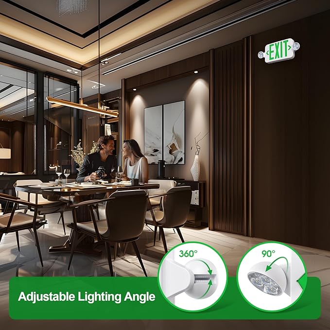 Emergency Exit Sign Lights Combo with Battery Backup, Double Sided Hardwired 6 Leds Exit Signs, Adjustable Heads Green Emergency Exit Lighting Ceiling/Wall Mount, UL Listed, AC 120/277V (1 Pack)