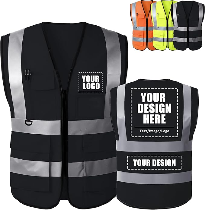 Custom Safety Vest with Logo, High Visibility Reflective Personalized Vest with Pockets for Men Women Construction