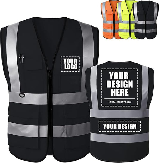 Custom Safety Vest with Logo, High Visibility Reflective Personalized Vest with Pockets for Men Women Construction