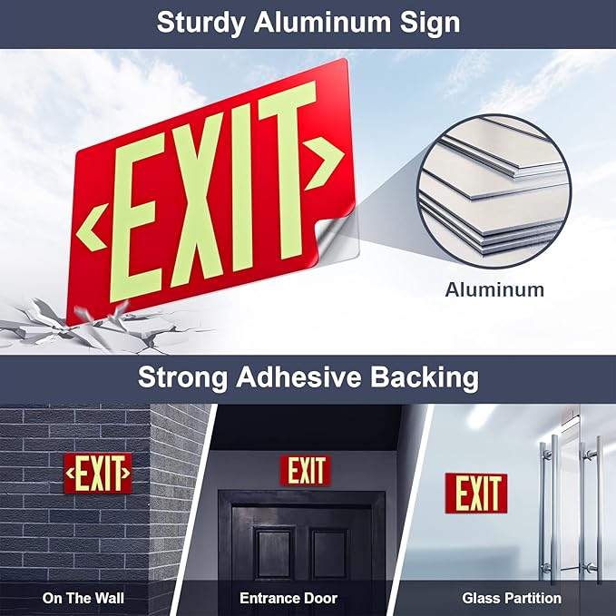 Photoluminescent Exit Sign Aluminum - Adhesive Backing Glow In The Dark - Removable Arrows Included - 12x7 Inches - Non Electrical Red Exit Light For 50 Feet Visibility (2 Pack)