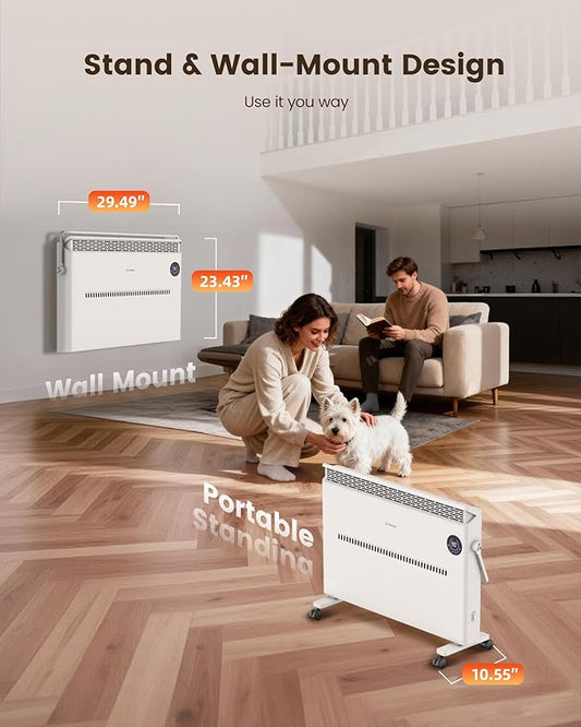 Space Heater, Quiet Convection Panel Heater for Indoor Use, Wall Mounted or Standing Electric Heater with Thermostat, 1500W, Remote Control, 12H Timer & Tip-Over Protection for Large Room