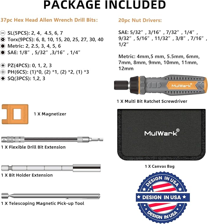 MulWark 63PC Magnetic Ratcheting Screwdriver Bit Set – Multibit Screw Driver with Screwdriver Bits Slotted, Torx, Hex, Pozi, Philips, Square; Nut Driver Set for SAE and Metric – Christmas Gift