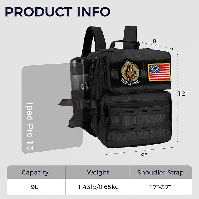 9L Mini Tactical Backpack Small Military Gym Bag for Men Women Molle Daypack Camping Backpack with Patch(Black)