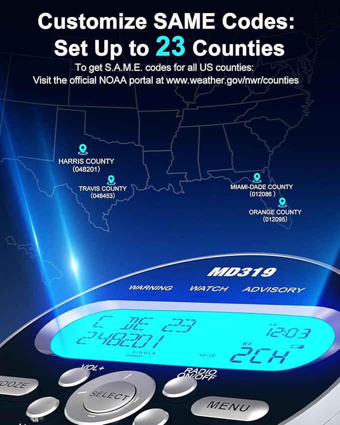 MD319 NOAA Weather Alert Radio with S.A.M.E Localized Programming, 23 County Codes & 80+ Emergency Alerts, Battery Backup, Alarm Clock, External Antenna and Warning Light for Home & Emergency