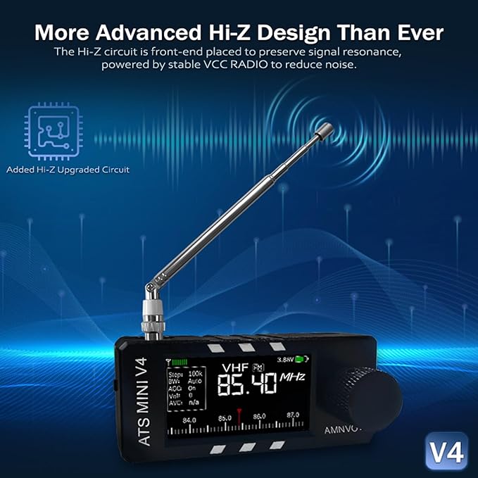AMNVOLT V4 ATS MINI DSP Radio, ESP32-S3 & SI4732 Chip, Multi-Band AM/FM/LSB/USB Receiver, 1.9'' IPS Color Screen, with Headphone Amplifier & Hi-Z Circuit, Portable for Travel and Radio Enthusiasts