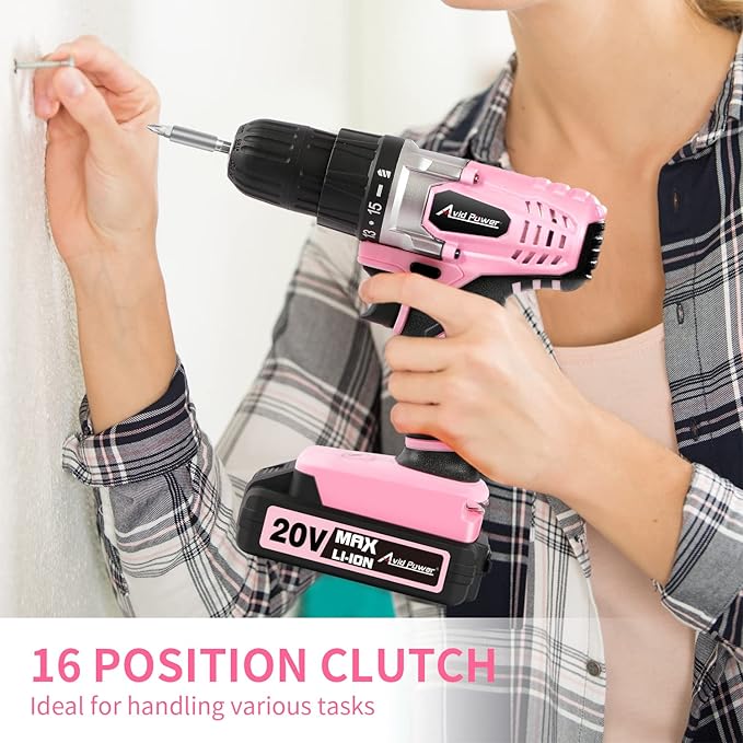 AVID POWER 20V MAX Lithium lon Cordless Drill Set, Power Drill Kit with Battery and Charger, 3/8-Inch Keyless Chuck, Variable Speed, 16 Position and 22pcs Bits (Pink)