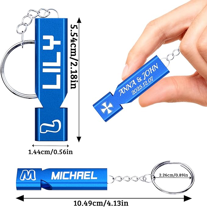 10Pcs Custom Emergency Whistles, Personalized Aluminum Safety Survival Whistle with Keychain, Engraved Name or Logo, Double Tube High Pitch for Outdoor Camping, Hiking, Boating, Fishing