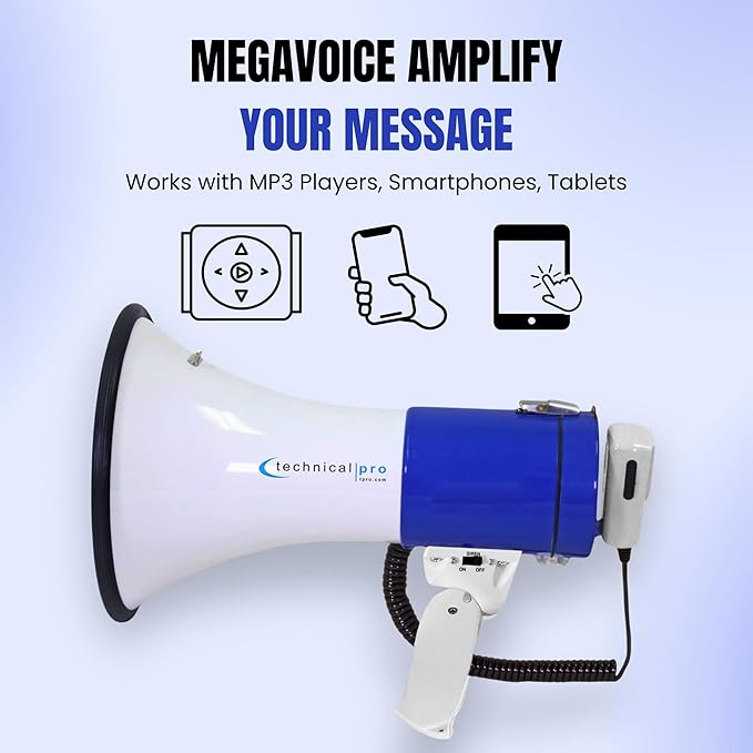 Technical Pro Rechargeable Portable 75-Watt Megaphone Bullhorn Speaker w/Siren & Detachable Microphone - Battery w/Battery a Built-in AC Wall Charger, Good for Trainers, Coaches, Cheer Leaders
