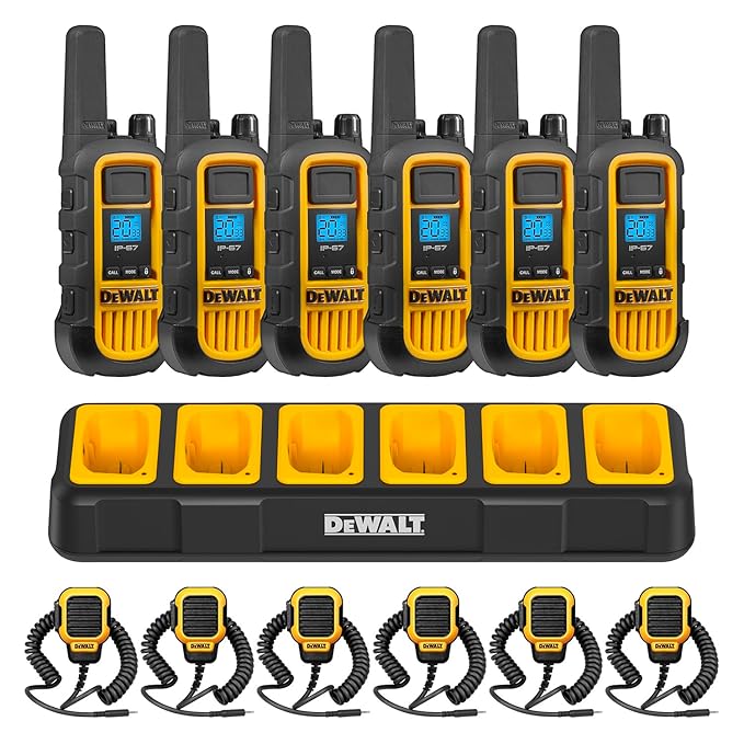 DEWALT FRS Walkie Talkies Long Range 2 Way Radio, 2 Watt, Waterproof & Rechargeable, 6 Pack with 6 Mics & Gang Charger, DXFRS800BCH6-RM1