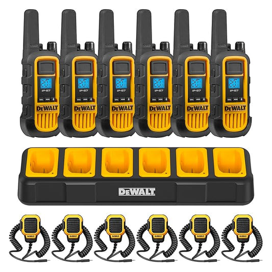 DEWALT FRS Walkie Talkies Long Range 2 Way Radio, 2 Watt, Waterproof & Rechargeable, 6 Pack with 6 Mics & Gang Charger, DXFRS800BCH6-RM1