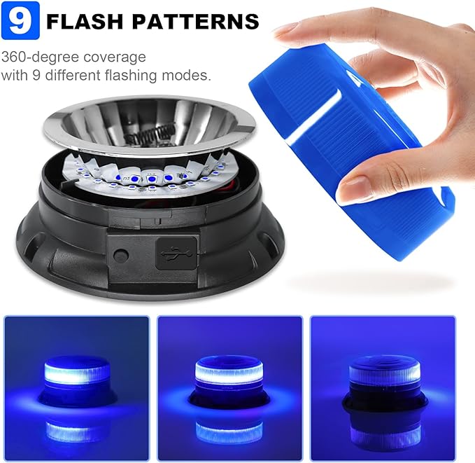 AnTom Magnetic Wireless Strobe Light, Waterproof Rechargeable Blue LED Beacon Lights for Trucks, Vehicle Emergency Flashing Warning, forklifts,Tractors,Golf Carts,Cars