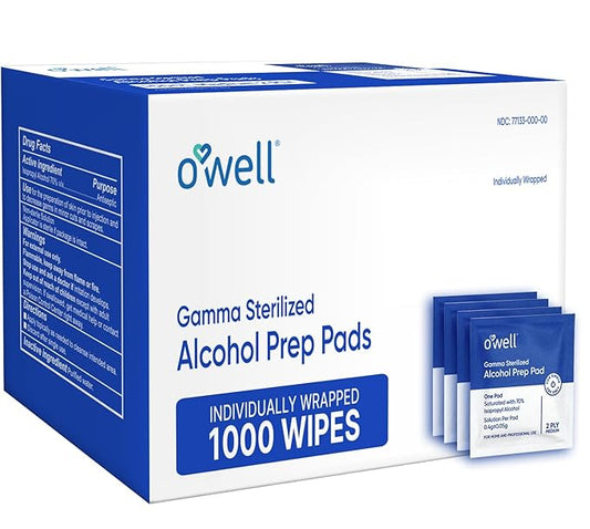 OWELL Prep Pads - 1000 Individually Wrapped Sterile Alcohol Wipes, Medium 2-Ply Antiseptic Wipes for Disinfecting Skin, First Aid Kit Alcohol Swabs (10 boxes of 100ct)