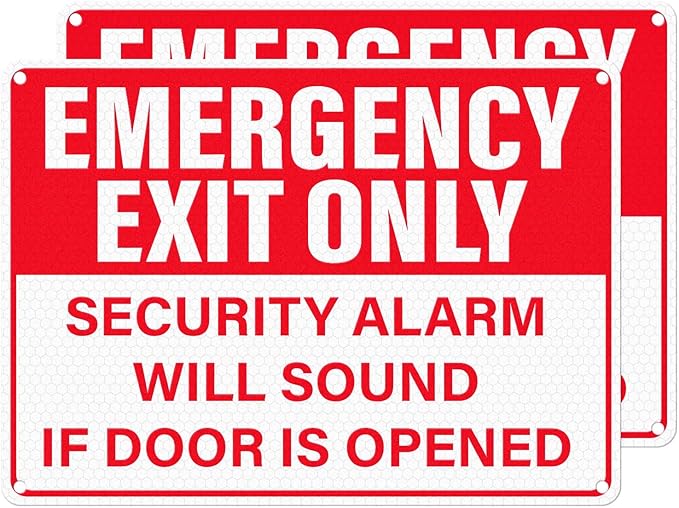2 Pack Emergency Exit Only - Security Alarm Will Sound If Door Is Opened Sign 10 × 7 Inches Reflective Waterproof Aluminum Safety Signage with Pre-Drilled Holes for Workplace Warehouse