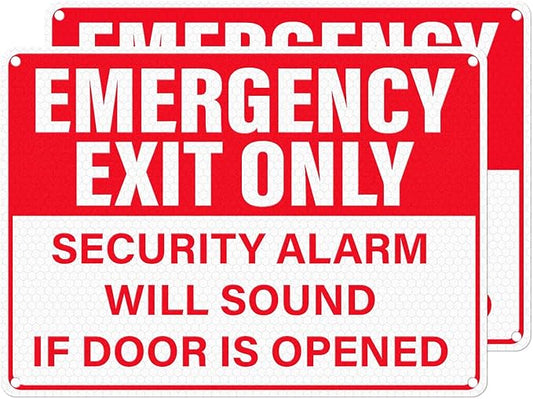2 Pack Emergency Exit Only - Security Alarm Will Sound If Door Is Opened Sign 10 × 7 Inches Reflective Waterproof Aluminum Safety Signage with Pre-Drilled Holes for Workplace Warehouse