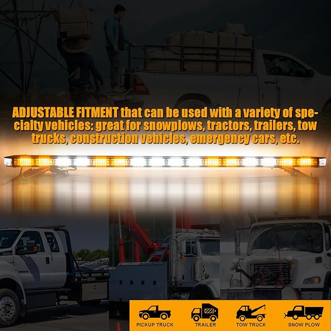 LUMENIX 48 Inch Rooftop Strobe Emergency Lights Bar Heavy-Duty Warning Flashing Traffic Lightbar w/LED Alley and Take Down Light for Construction Vehicles Towing Work Trucks Snow Plows - White Amber