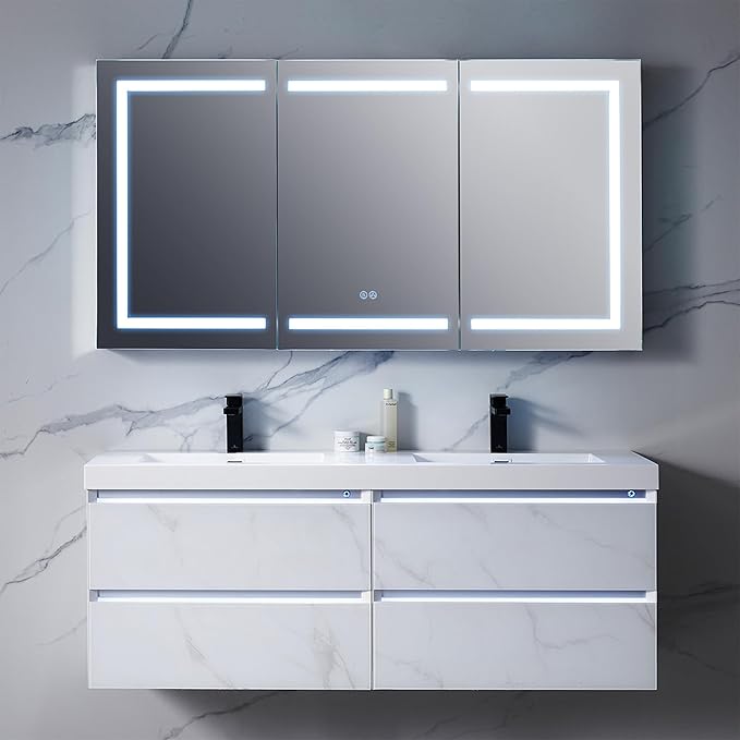 Blossom 60-Inch LED Lighted Mirror Medicine Cabinet - Recessed or Surface Mount Bathroom Cabinet - One Touch Built-in Defogger - Dimmer - Makeup Mirror - 3 Adjustable Glass Shelves