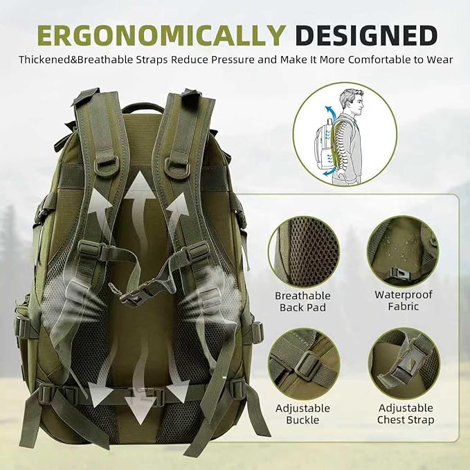 aiGear 25L Waterproof Tactical Backpack - Military Molle Assault Backpack for Men, 3-Day Combat Backpack with Water Bottle Holder