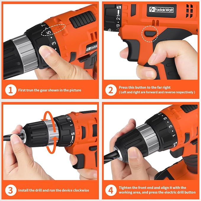 FADAKWALT 20V Electric Power Drill Set, Torque 30N, 21+1 Torque Setting, 3/8-Inch Keyless Chuck, LED Electric Drill Kit, Orange