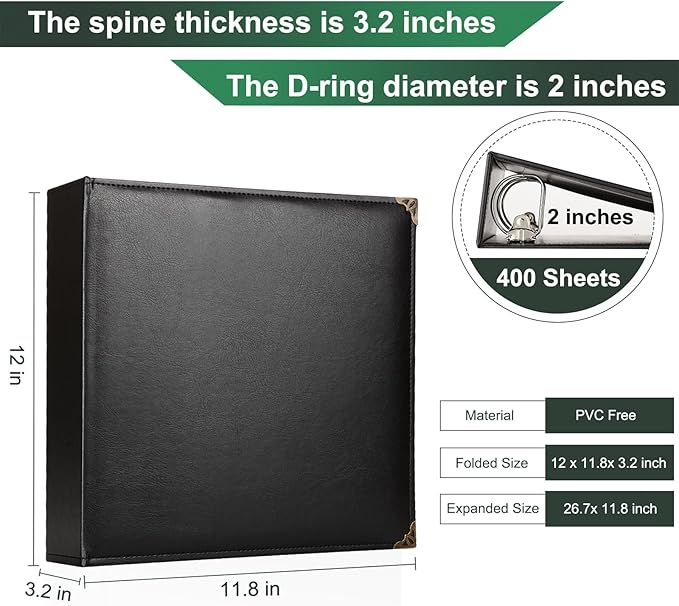 Vintage Hardback 3 Ring Binder 2 Inch, Professional Leather Binder 3 Ring, Three Ring Binders Fits 8.5" x 11", D Ring Binders for Photo Album, Home, School and Office Supplies- Black