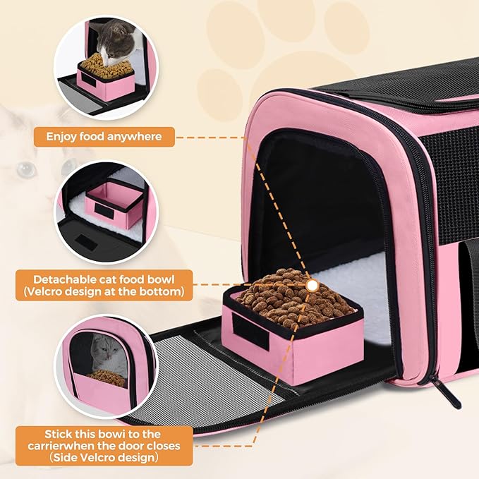 Cat Carrier Soft for Pets Up to 25 Lbs, Cat Travel Bag with Padded Shoulder Strap and Detachable Cat Food Bowl, Pet Dog Carriers for Small Dogs Travel Puppy Carry Airline Approved, Pink