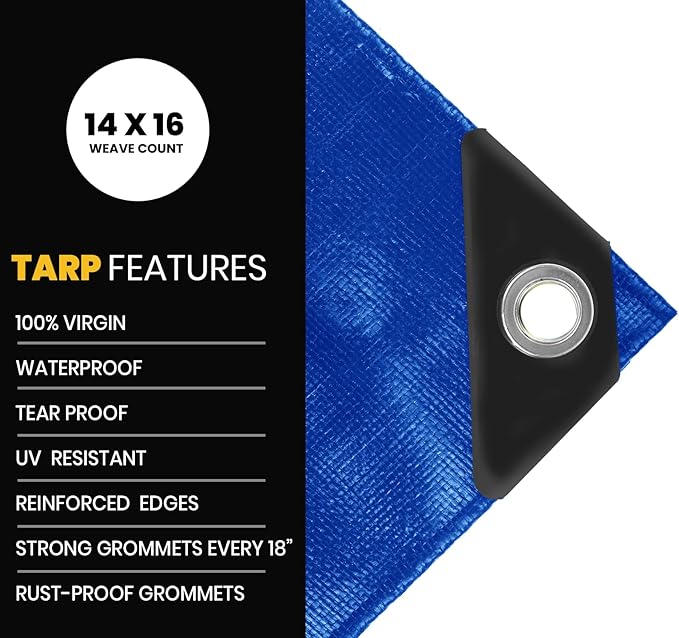 PROTARP Extra Heavy Duty 16 Mil Tarp Cover, Waterproof, UV Resistant, Rip and Tear Proof, Poly Tarpaulin with Reinforced Edges for Roof, Camping, Patio, Pool, Boat. (Blue 40′ X 40′)