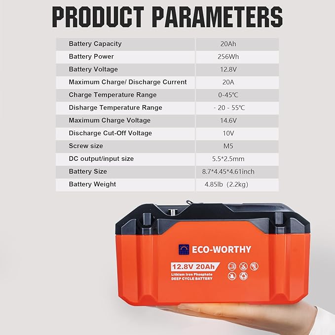 ECO-WORTHY Portable 12V Lithium Battery, 12.8V 20Ah Lithium Iron Phosphate DEEP CYCLE BATTERY, Built-in BMS, 4000+ Cycles, Perfect for Outdoor Camping Fishing RV Marine Trolling Motor Fishfinder