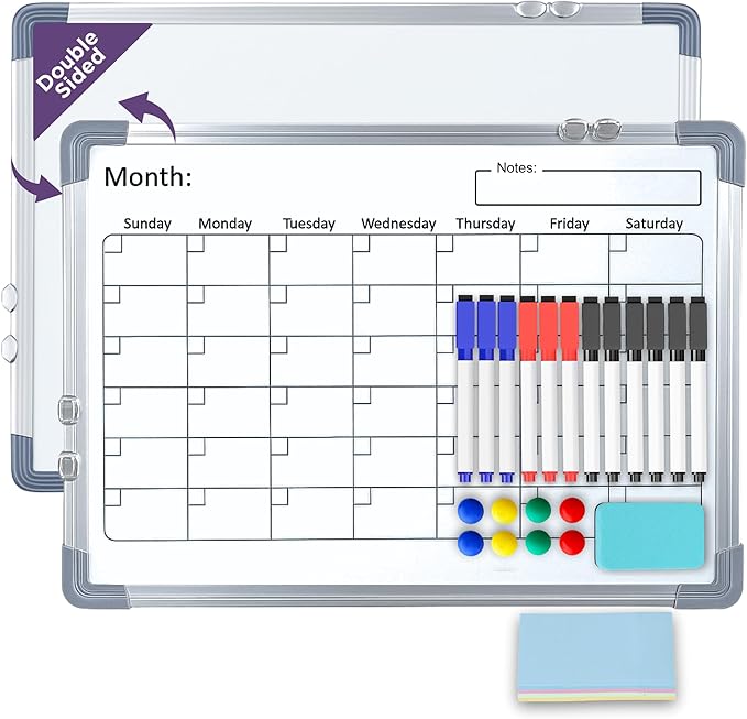 Large White Board Calendar Dry Erase Planner -Dual Side Magnetic Whiteboard for Fridge -Family Calendar Planning Boards w/Movable Hooks - Monthly Whiteboard with Lines, Memo, Pens & Eraser (16x12)