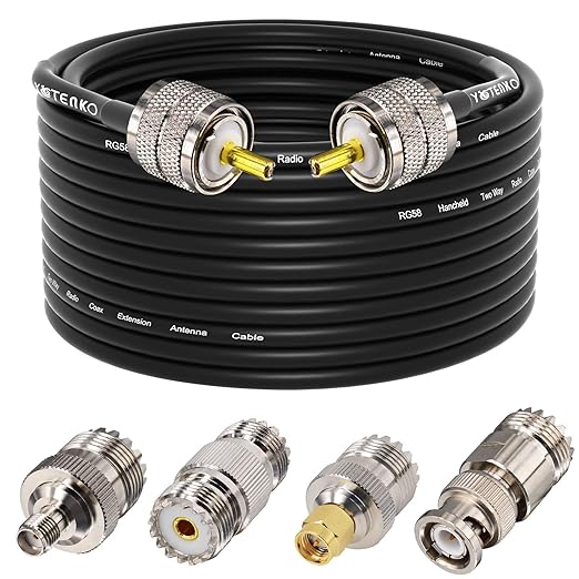 Ham Radio Coax Cable 50 Ohm, RG58 Coaxial Cable 49.2Ft, PL259 Male to Male Coax + UHF SO239 Female to SMA/UHF/BNC Adapter 4-Pack, Go Kit for CB,Amateur,Ham Radio,Two-Way Radio,SWR Meter