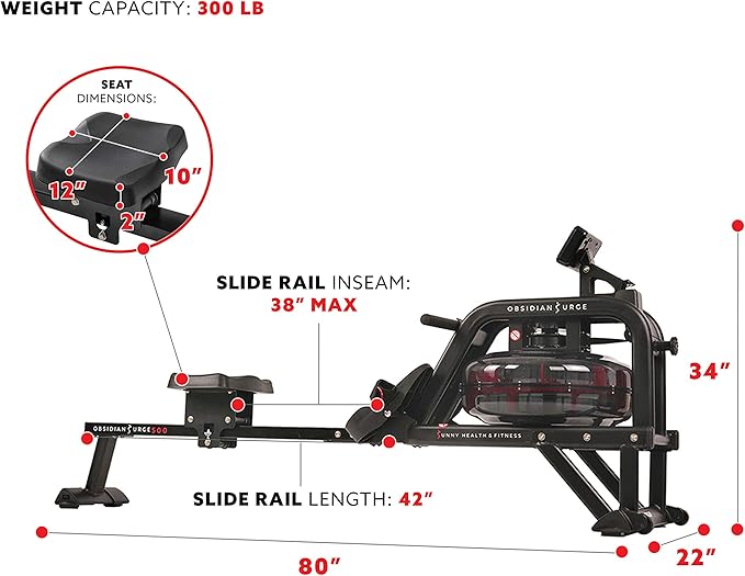Sunny Health & Fitness Premium Water Rower w/Intensive Dynamic Real-Time Resistance, 300 LB Capacity Flip-able Rowing Machine for Home Training, Optional Free SunnyFit App Connection