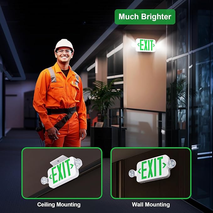 Emergency Exit Sign Lights Combo with Battery Backup, Double Sided Hardwired 6 Leds Exit Signs, Adjustable Heads Green Emergency Exit Lighting Ceiling/Wall Mount, UL Listed, AC 120/277V (1 Pack)