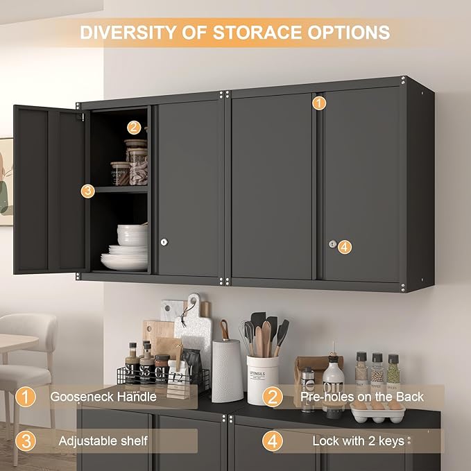 Wall Cabinet Storage, Locking Wall Cabinet with 2 Doors,Garage Storage Cabinet for Home Office,Gym,Garage,Black