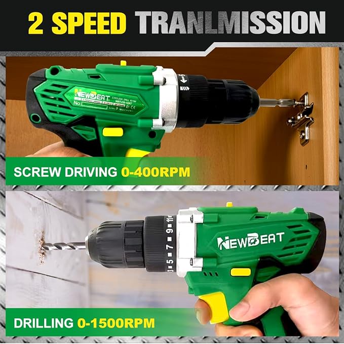 Cordless Drill Set, 12V Power Drill Driver with 1 Battery and Charger, 3/8" Keyless Chuck, 2 Variable Speed, 15+1 Torque Setting, Drill Driver Kit for Home and DIY Project