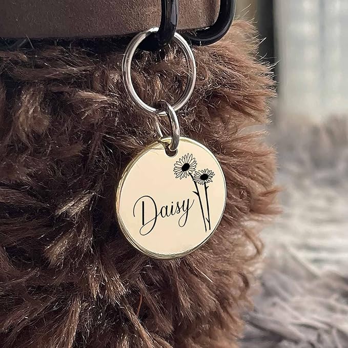 Cats Dogs ID Tags Personalized Engraving Birth Flowers Pattern for Custom Pets Collar Accessories Brass Copper Large Round Name Plate