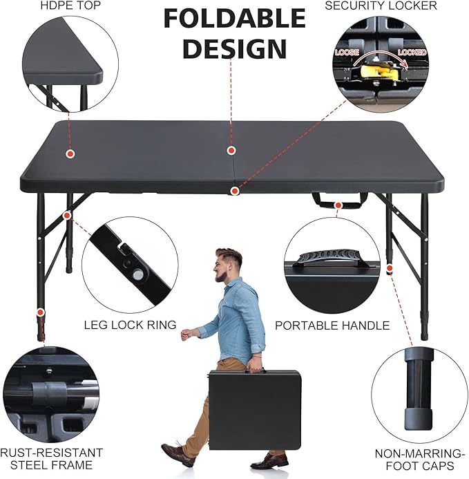 Portable 4Ft Adjustable Height Plastic Folding Table, Heavy Duty Fold-in-Half Table with Carrying Handle, Small Utility Foldable Table for Picnic Party Camping BBQ, Indoor/Outdoor(Black)