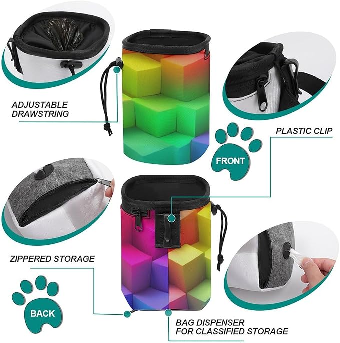 Portable Travel Dog Carrier Bag, Fashion Pet Training Package, Puppy Snack Pocket with Adjustable Waist Belt for Cat Dog Puppy Rainbow Colorful Blocks