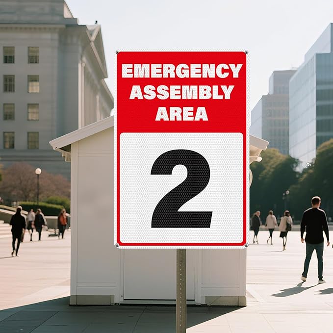 2 Pack Emergency Assembly Area 2 Sign 18 × 12 Inches Aluminum Metal Reflective Safety Signage with Pre-Drilled Holes for Business Construction Site Warehouse