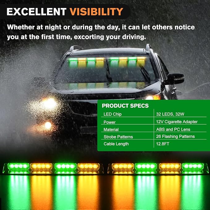 Nilight 32LED Amber Green Emergency Dash Strobe Lights with Controller Suction Cups Warning Hazard Interior Front/Rear Windshield Deck Split Light Bar for Truck Construction Vehicle